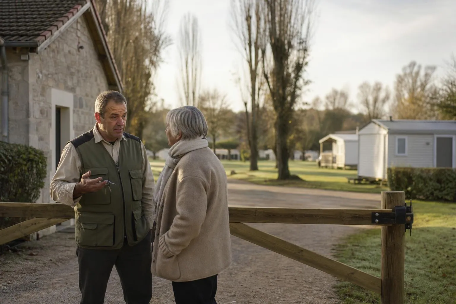 Un régisseur et une élue municipale discutent à l’entrée d’un camping communal, près de la barrière et du petit bâtiment d’accueil en pierre