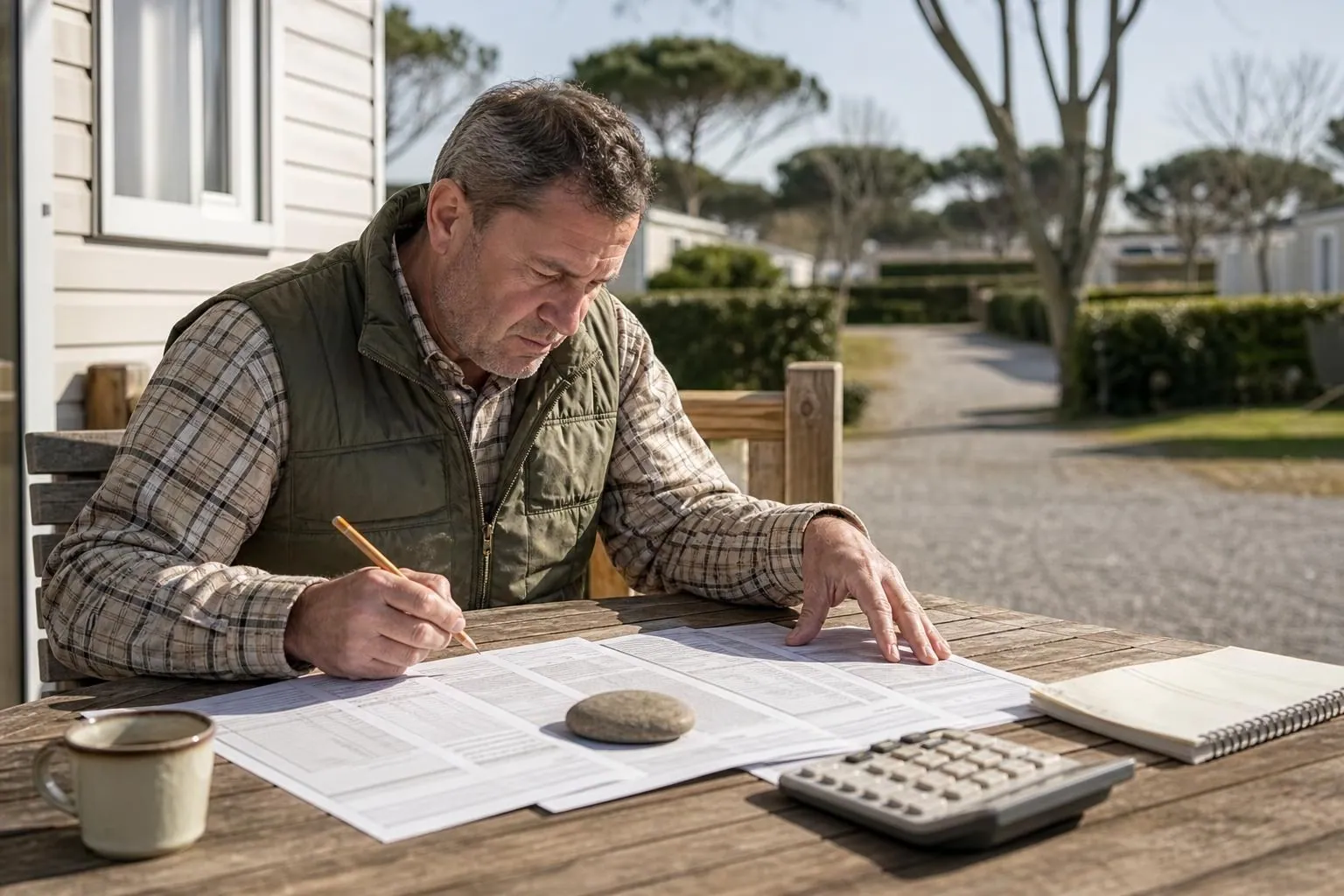 Un exploitant attablé dehors à une table de camping en bois compare des devis papier avec une calculatrice, tasse de café à côté