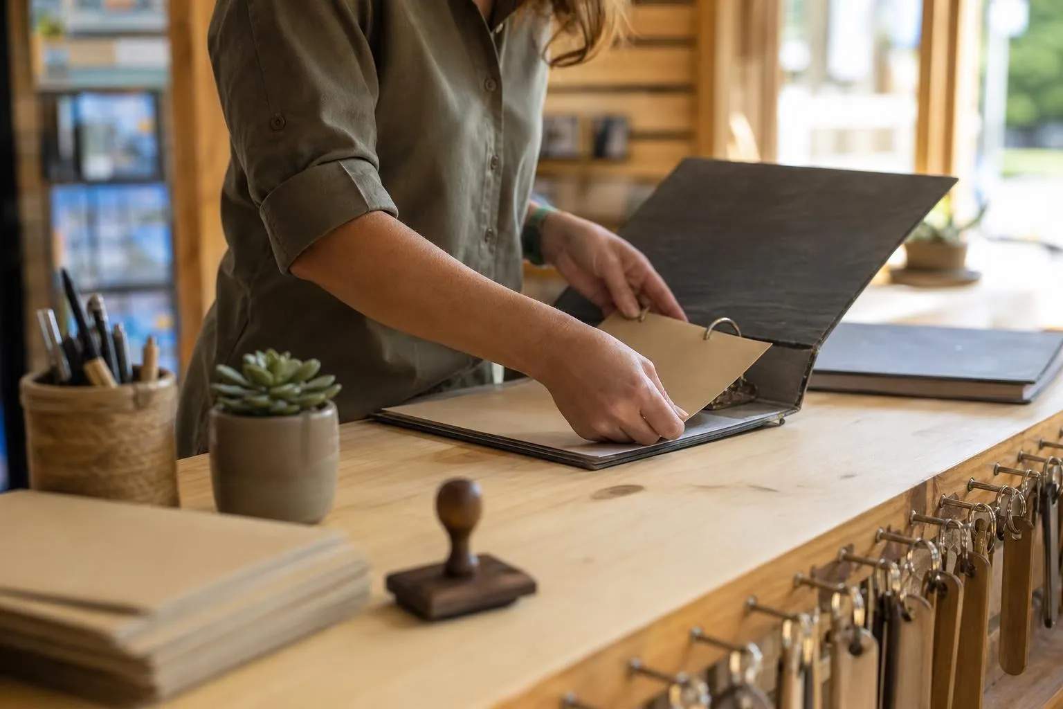 Mains d’une réceptionniste rangeant des pochettes cartonnées et un classeur sur le comptoir en bois de l’accueil d’un camping