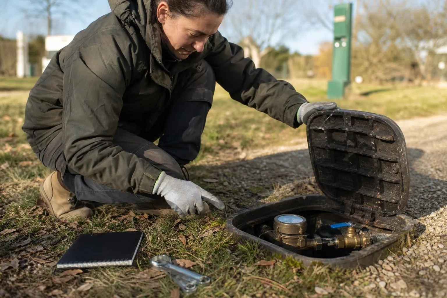 Une technicienne relève un compteur d’eau dans un regard ouvert au bord d’une allée de camping, clé de purge posée dans l’herbe
