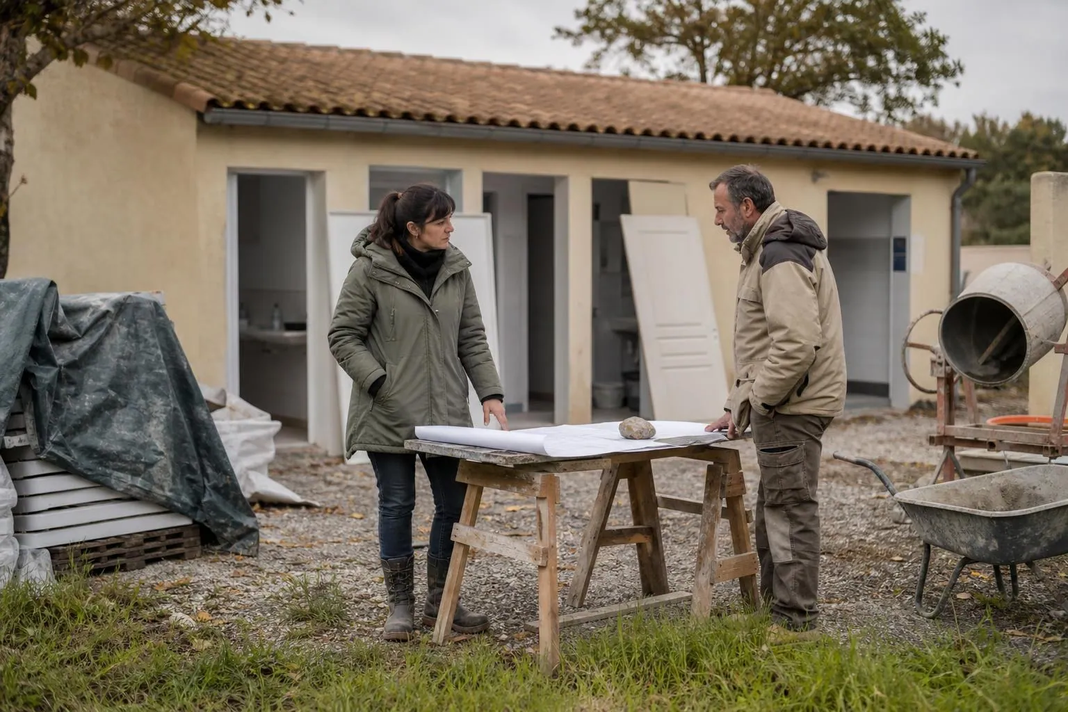 Un responsable technique et un artisan discutent devant un bloc sanitaire en travaux, plans posés sur un tréteau et matériaux empilés
