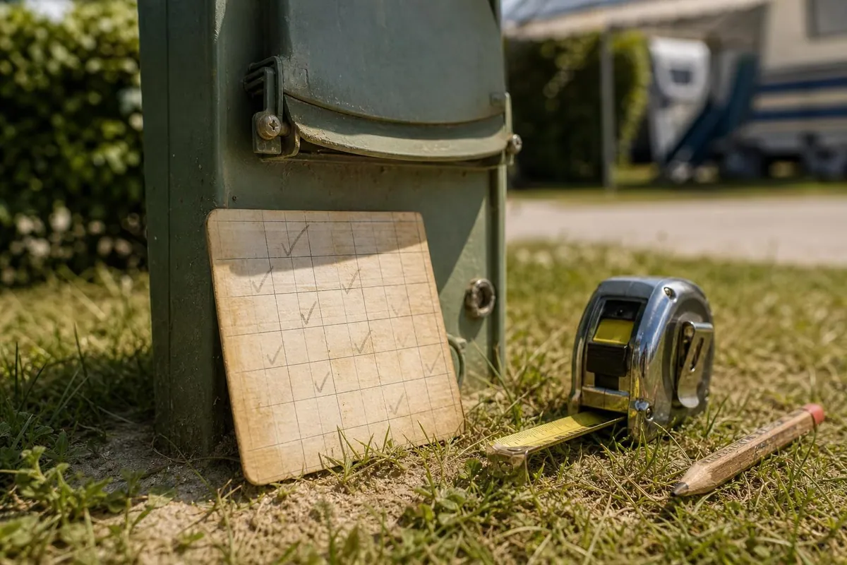 Gros plan sur une borne electrique d’emplacement de camping, une fiche de controle papier cochee au crayon et un metre a ruban metallique poses contre le socle dans l’herbe