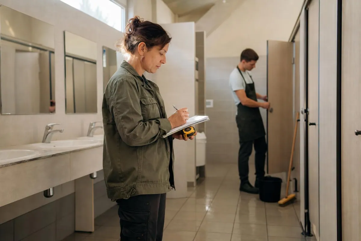 Une responsable technique et un agent d’entretien dans un bloc sanitaire de camping au petit matin, l’une prenant des notes, l’autre verifiant la fermeture d’une porte de cabine